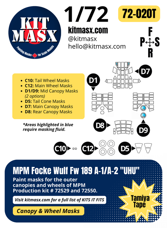 MPM Focke Wulf Fw 189 A-1/A-2 "UHU" 1/72 Canopy & Wheel Paint Masks, Kit # 72550