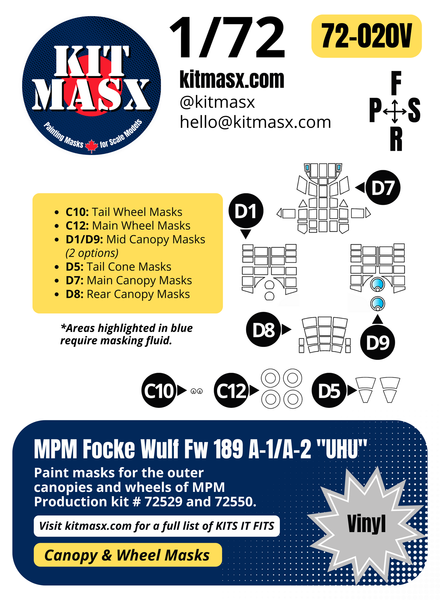 MPM Focke Wulf Fw 189 A-1/A-2 "UHU" 1/72 Canopy & Wheel Paint Masks, Kit # 72550