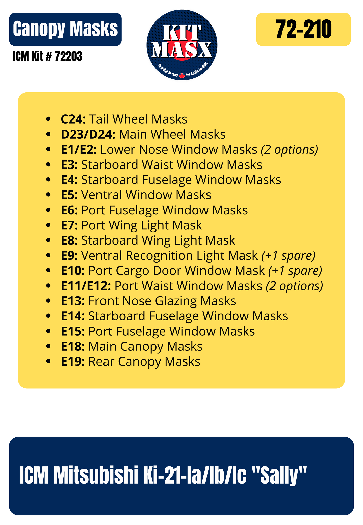 ICM Mitsubishi Ki-21-Ia/Ib/Ic "Sally" 1/72 Canopy & Wheel Paint Masks, Kit # 72203