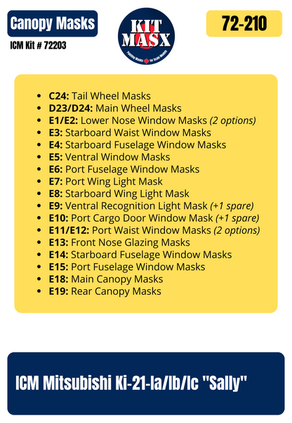 ICM Mitsubishi Ki-21-Ia/Ib/Ic "Sally" 1/72 Canopy & Wheel Paint Masks, Kit # 72203