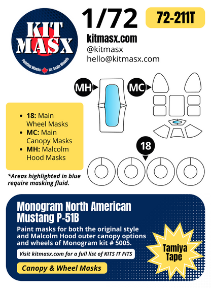 Monogram North American Mustang P-51B 1/72 Canopy & Wheel Paint Masks, Kit # 5005