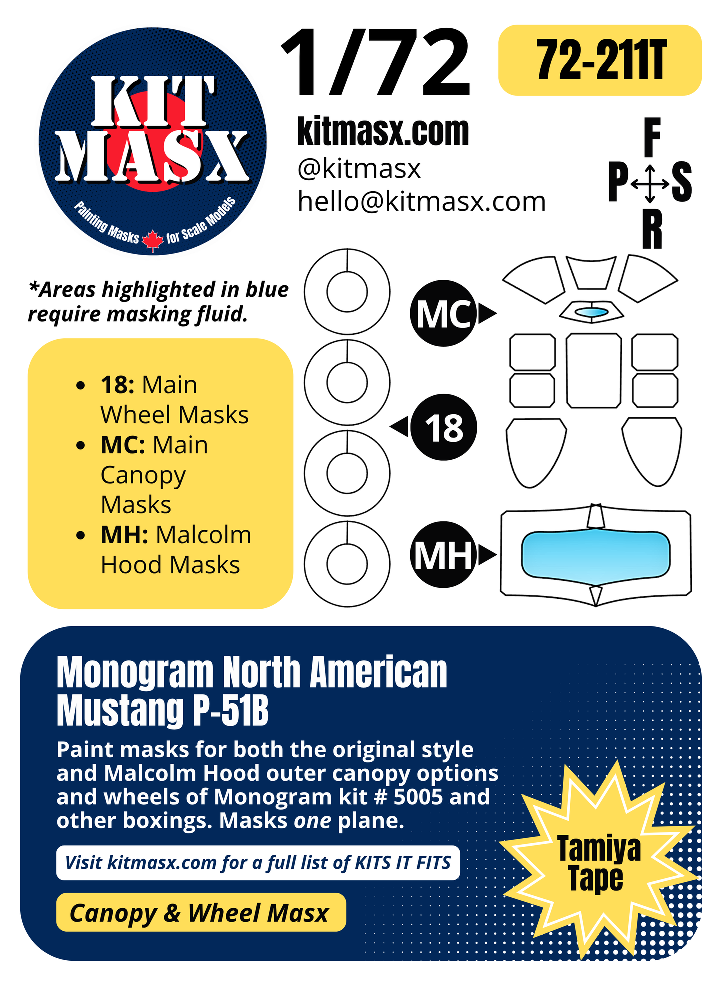 Monogram North American Mustang P-51B 1/72 Canopy & Wheel Paint Masks, Kit # 5005 (72211)