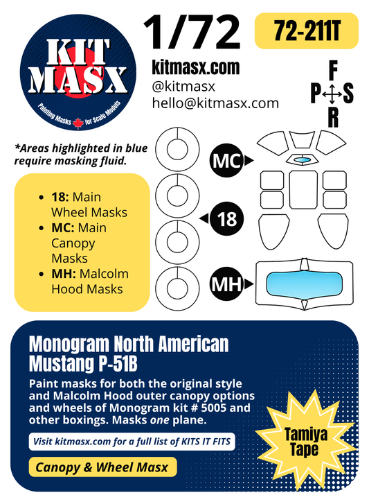 Monogram North American Mustang P-51B 1/72 Canopy & Wheel Paint Masks, Kit # 5005 (72211)