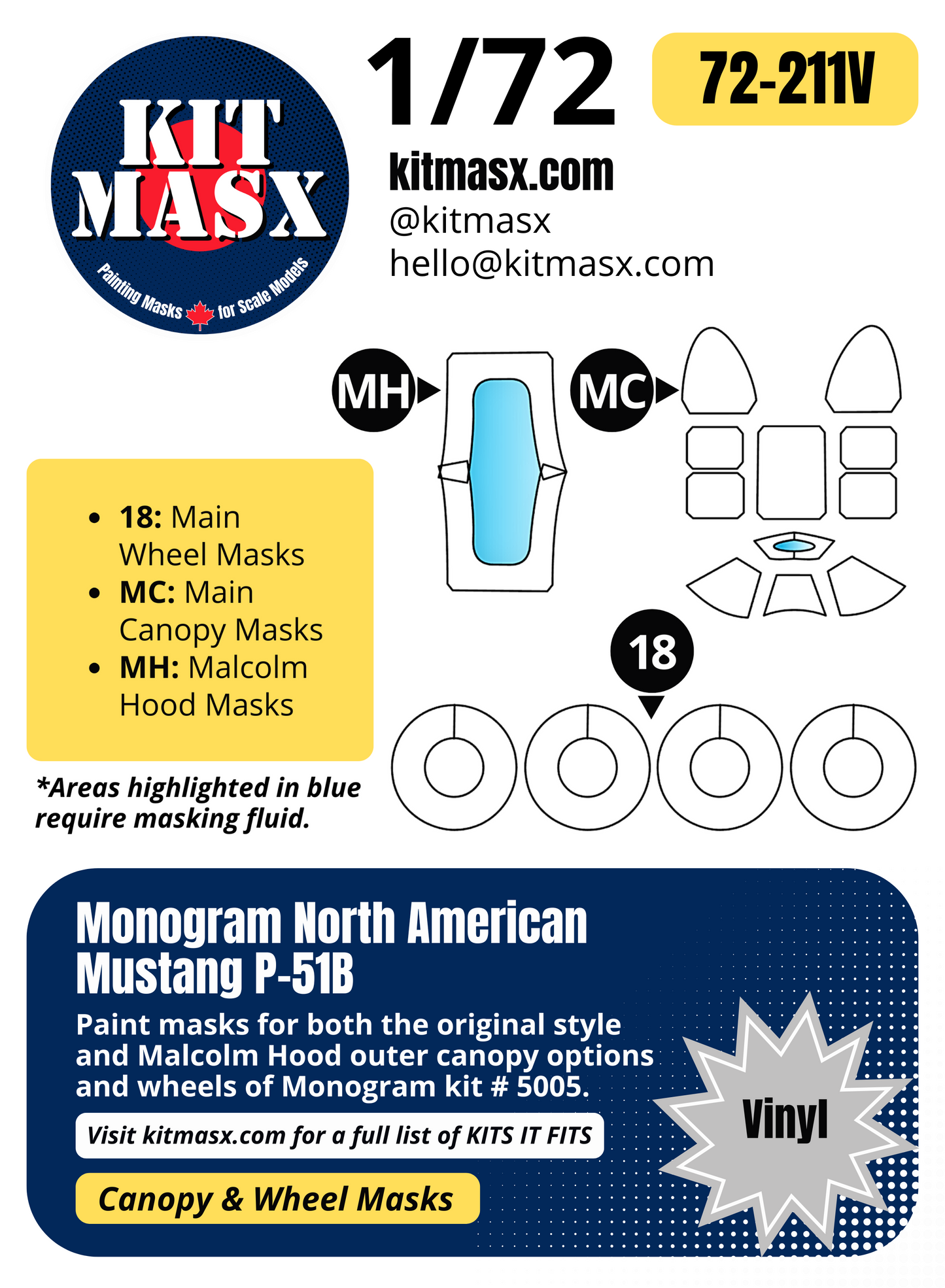 Monogram North American Mustang P-51B 1/72 Canopy & Wheel Paint Masks, Kit # 5005