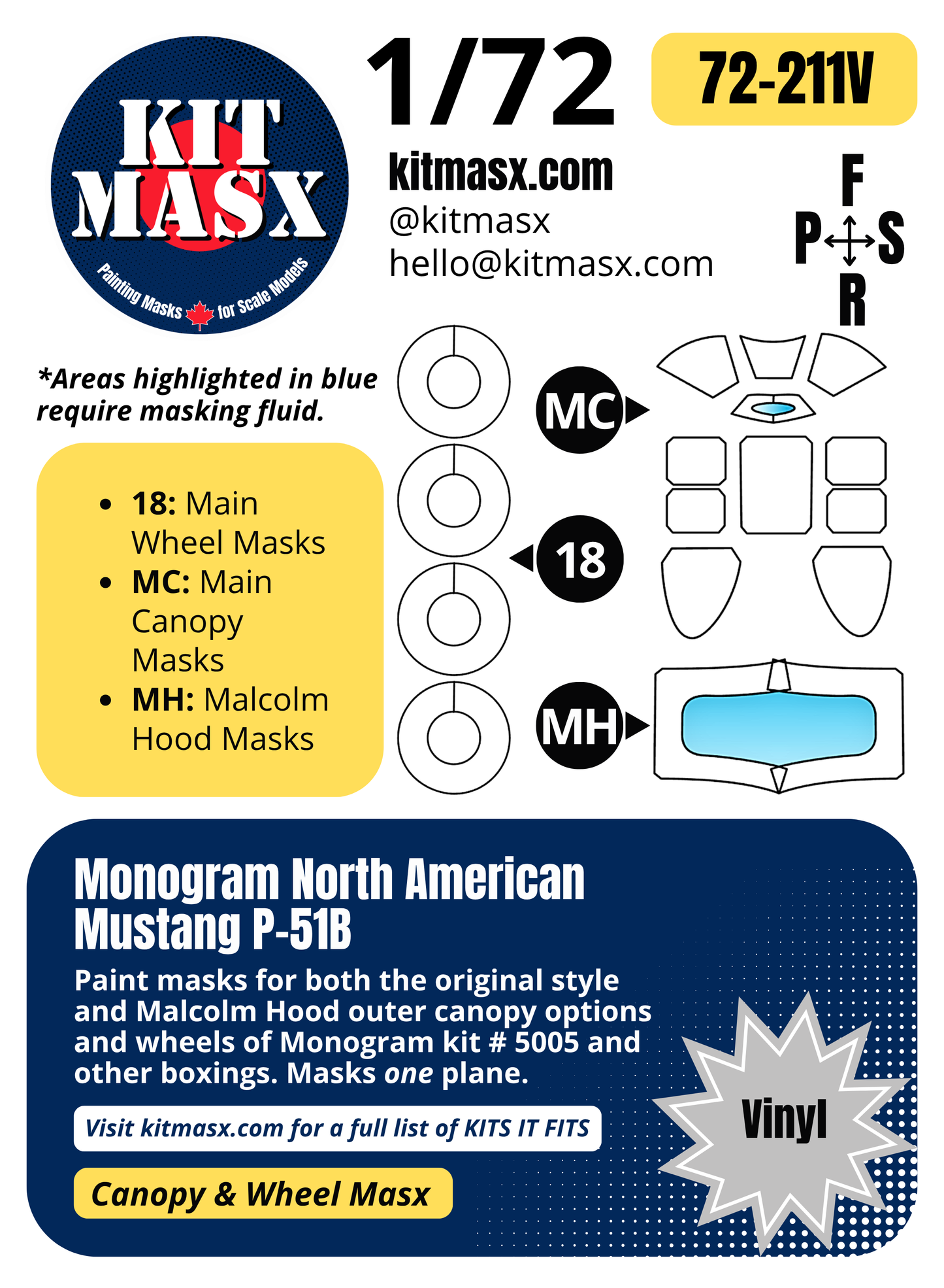 Monogram North American Mustang P-51B 1/72 Canopy & Wheel Paint Masks, Kit # 5005 (72211)