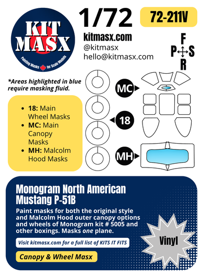 Monogram North American Mustang P-51B 1/72 Canopy & Wheel Paint Masks, Kit # 5005 (72211)