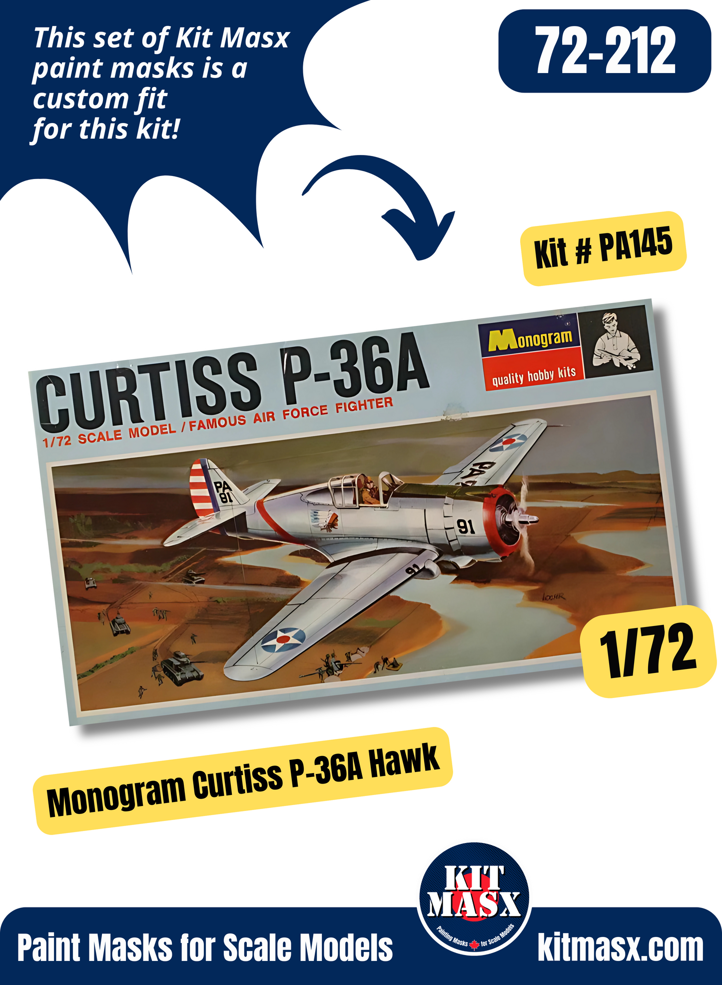 Monogram Curtiss Hawk 75 A-3, P-36A Hawk 1/72 Canopy & Wheel Paint Masks, Kit # PA145