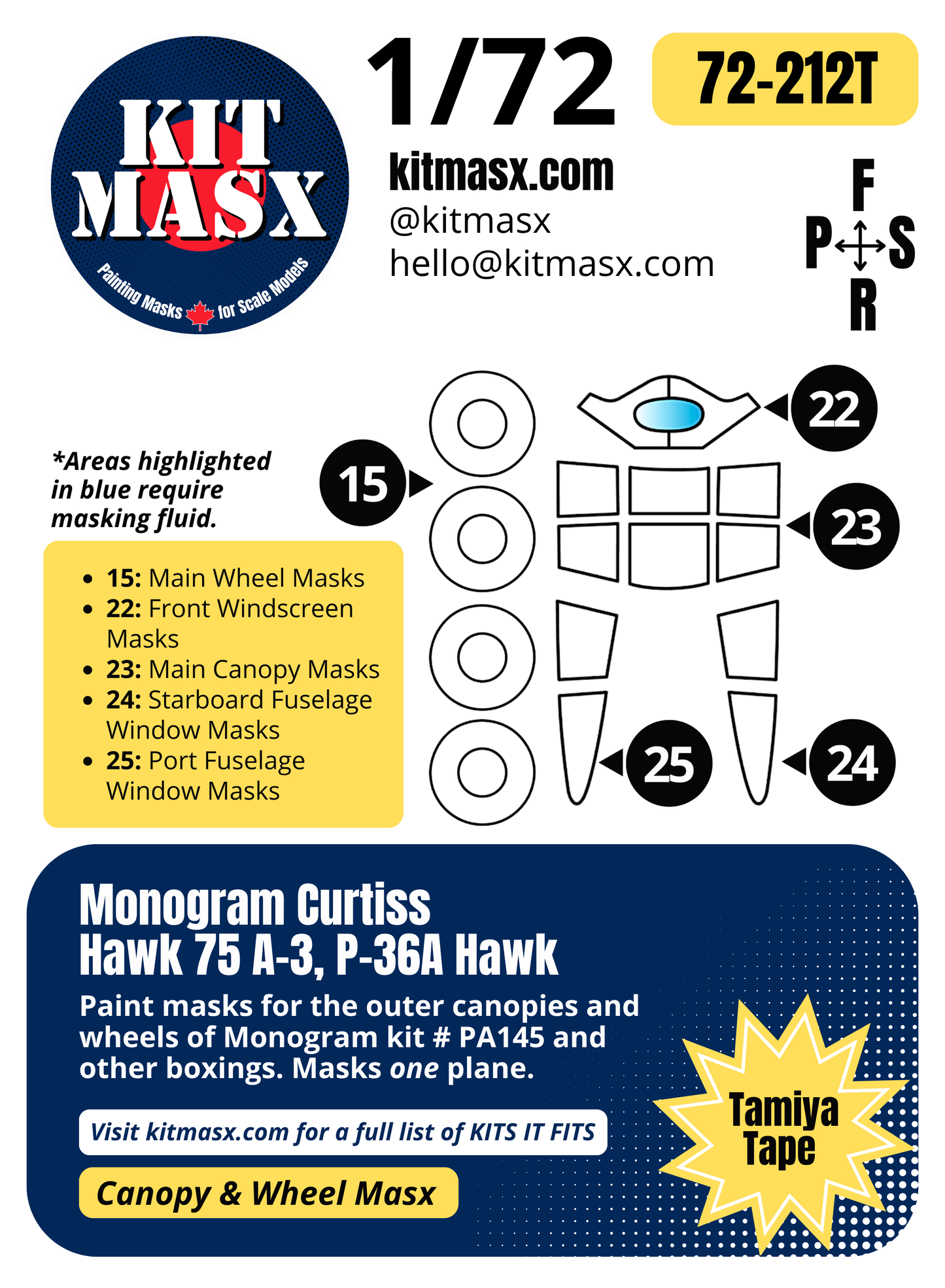 Monogram Curtiss Hawk 75 A-3, P-36A Hawk 1/72 Canopy & Wheel Paint Masks, Kit # PA145