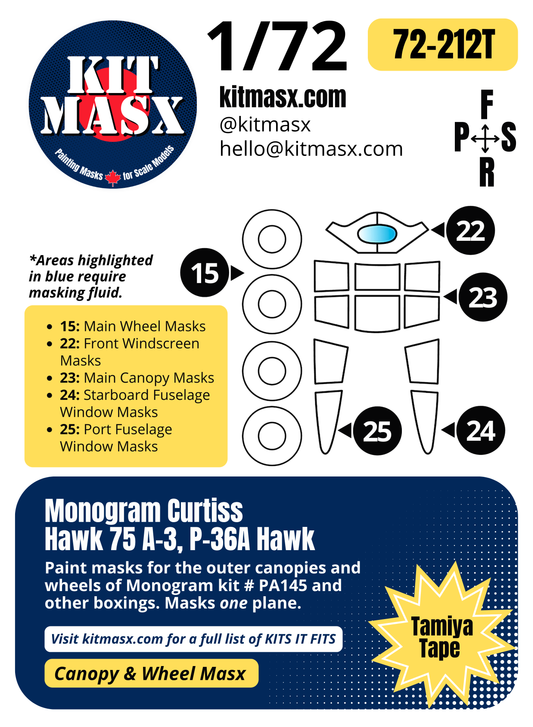 Monogram Curtiss Hawk 75 A-3, P-36A Hawk 1/72 Canopy & Wheel Paint Masks, Kit # PA145