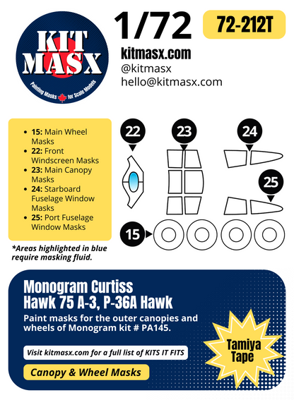 Monogram Curtiss Hawk 75 A-3, P-36A Hawk 1/72 Canopy & Wheel Paint Masks, Kit # PA145