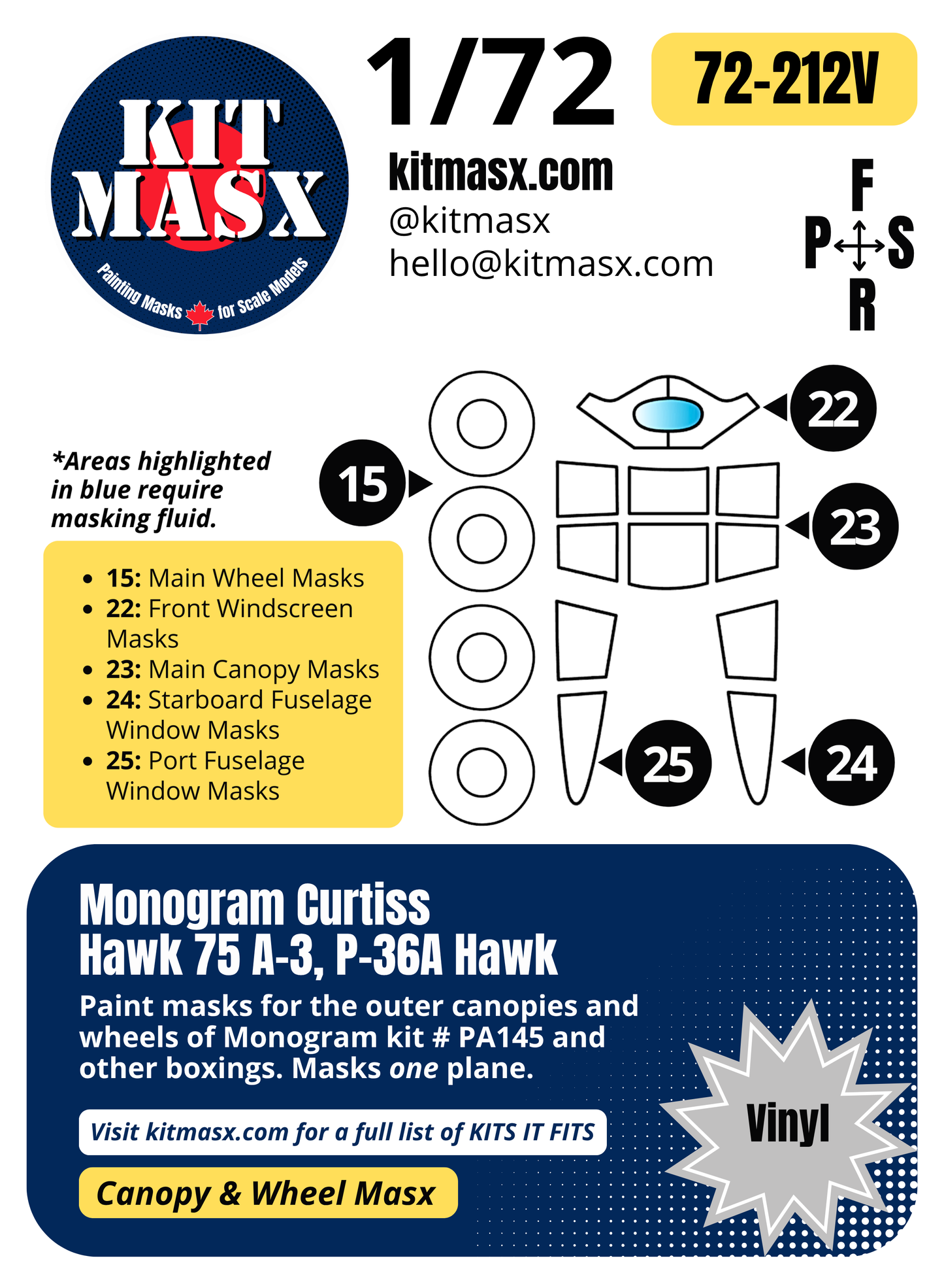Monogram Curtiss Hawk 75 A-3, P-36A Hawk 1/72 Canopy & Wheel Paint Masks, Kit # PA145