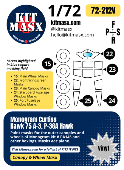 Monogram Curtiss Hawk 75 A-3, P-36A Hawk 1/72 Canopy & Wheel Paint Masks, Kit # PA145