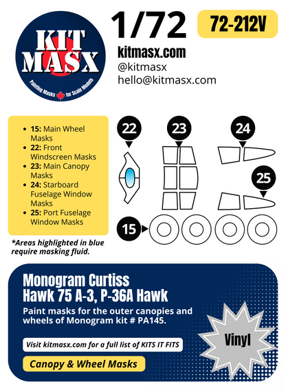 Monogram Curtiss Hawk 75 A-3, P-36A Hawk 1/72 Canopy & Wheel Paint Masks, Kit # PA145