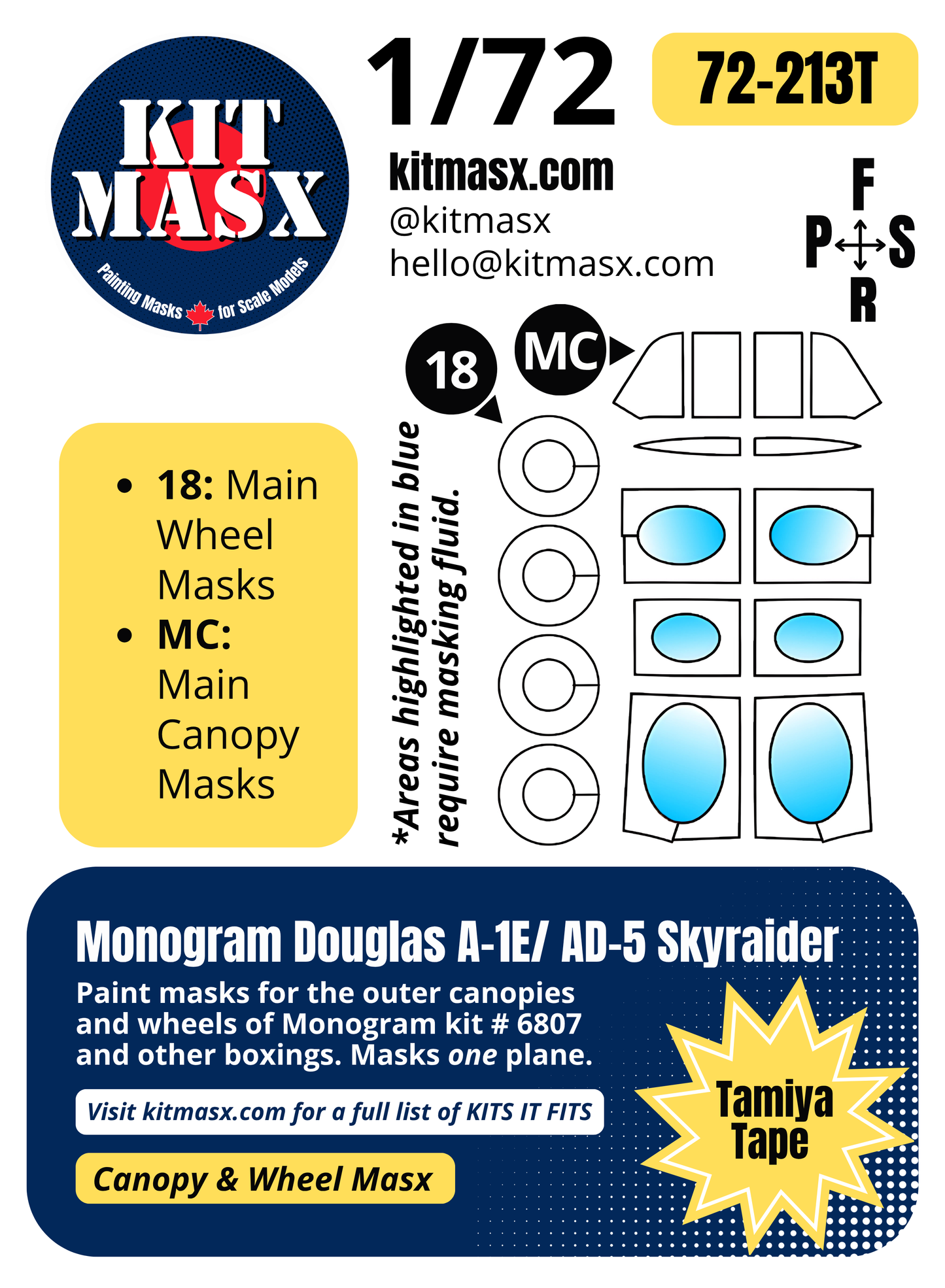 Monogram Douglas A-1E/AD-5 Skyraider 1/72 Canopy & Wheel Paint Masks, Kit # 6807 (72213)