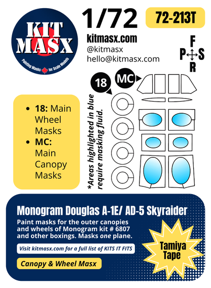 Monogram Douglas A-1E/AD-5 Skyraider 1/72 Canopy & Wheel Paint Masks, Kit # 6807 (72213)