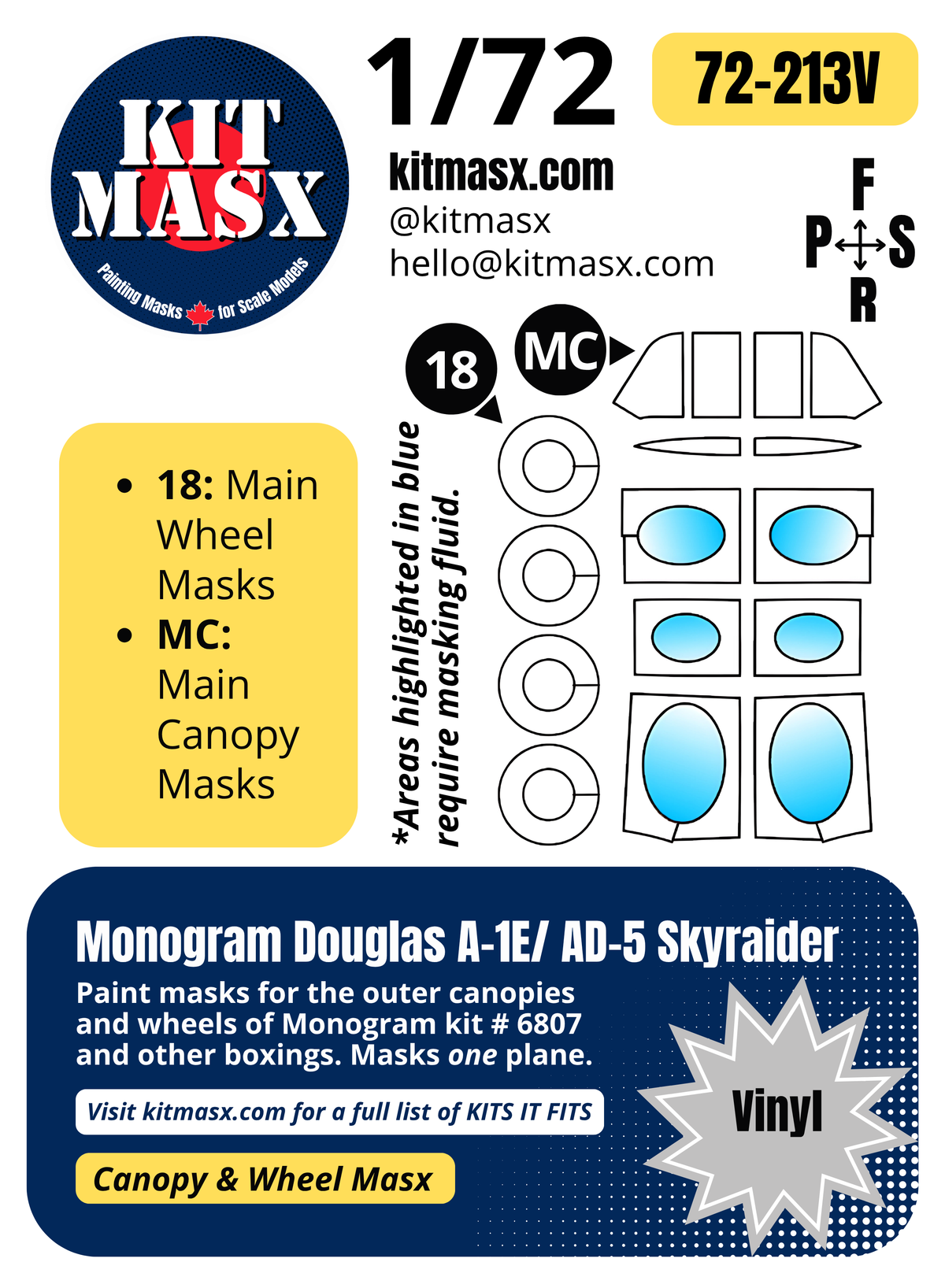 Monogram Douglas A-1E/AD-5 Skyraider 1/72 Canopy & Wheel Paint Masks, Kit # 6807 (72213)