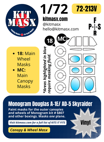 Monogram Douglas A-1E/AD-5 Skyraider 1/72 Canopy & Wheel Paint Masks, Kit # 6807 (72213)