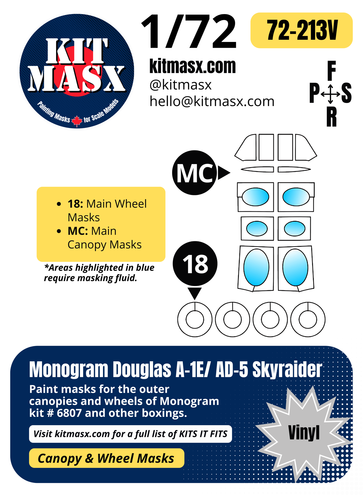 Monogram Douglas A-1E/AD-5 Skyraider 1/72 Canopy & Wheel Paint Masks, Kit # 6807