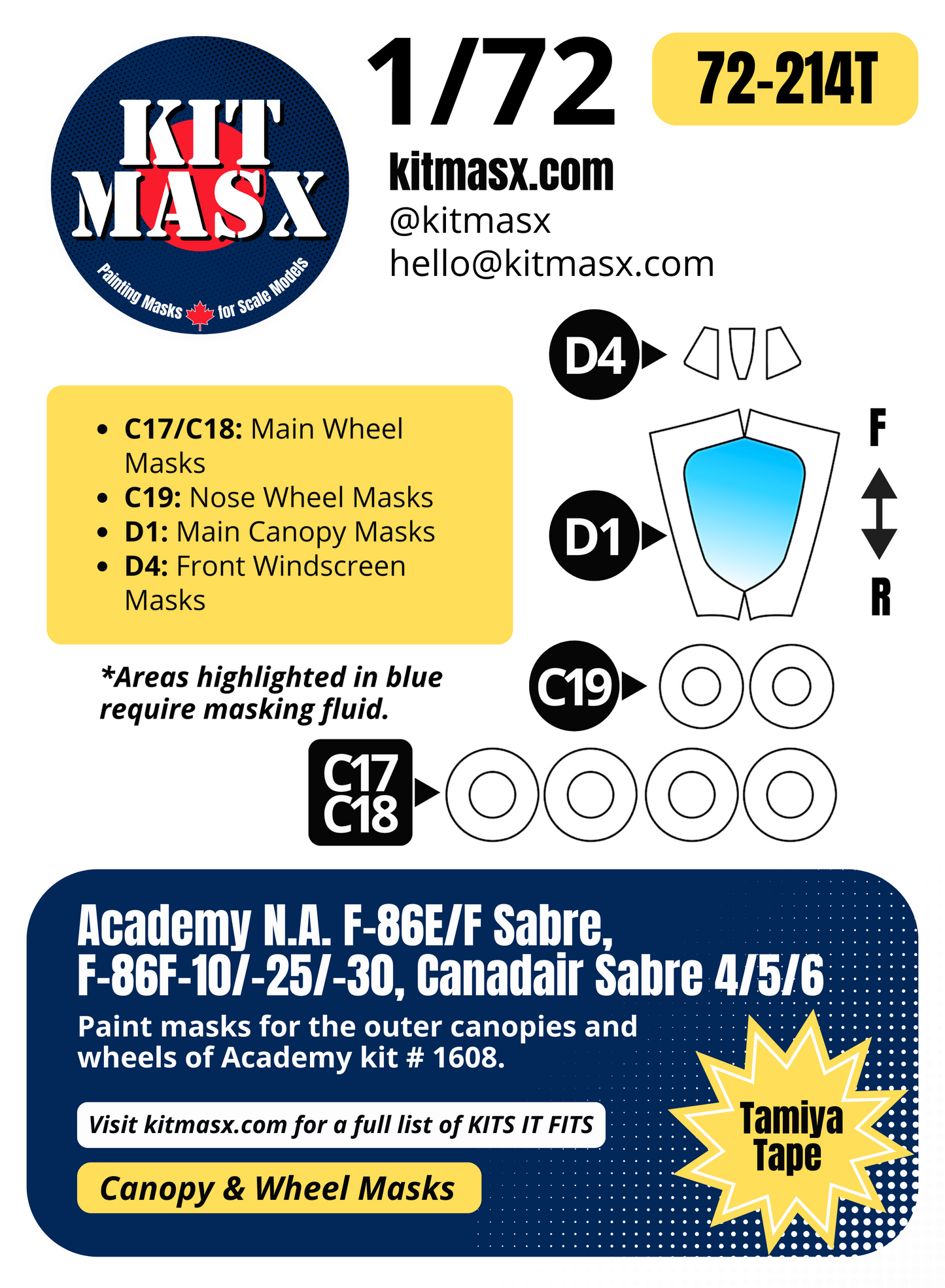 Academy N.A. F-86E/F Sabre, F-86F-10/-25/-30, Canadair Sabre 4/5/6 1/72 Canopy & Wheel Paint Masks, Kit # 1681