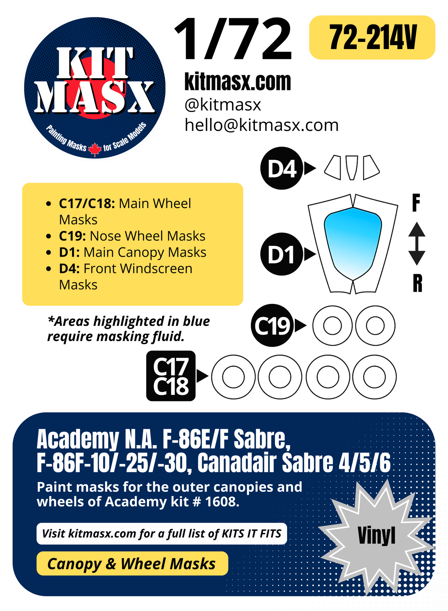 Academy N.A. F-86E/F Sabre, F-86F-10/-25/-30, Canadair Sabre 4/5/6 1/72 Canopy & Wheel Paint Masks, Kit # 1681
