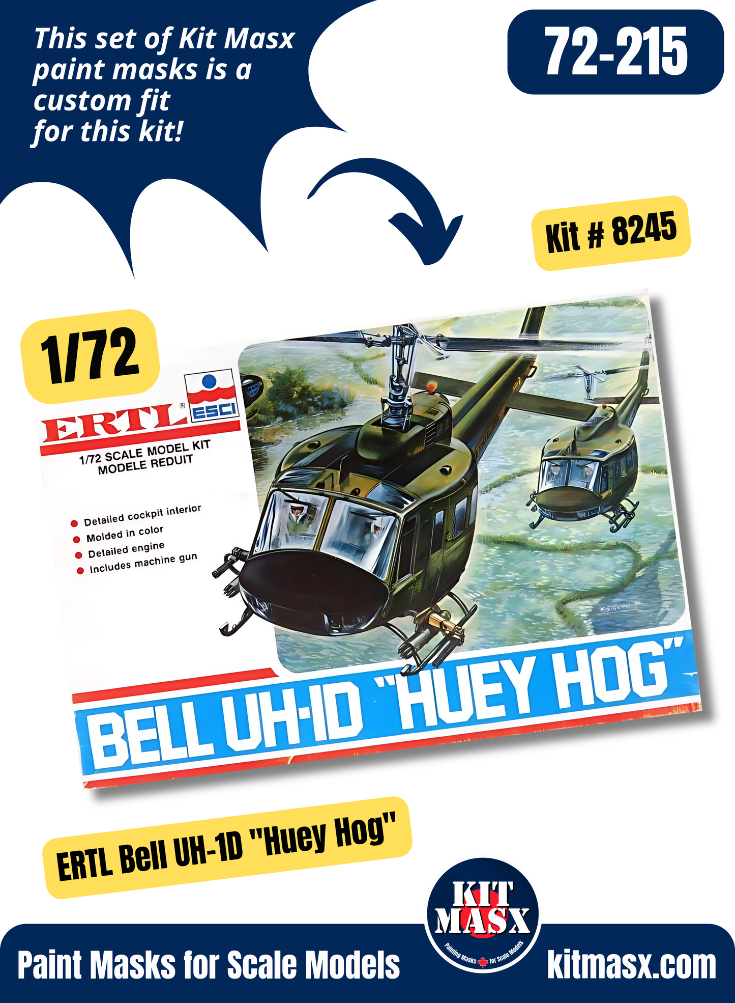 ERTL Augusta Bell AB-205/Bell UH-1D "Huey Hog" 1/72 Canopy Paint Masks, Kit # 8245