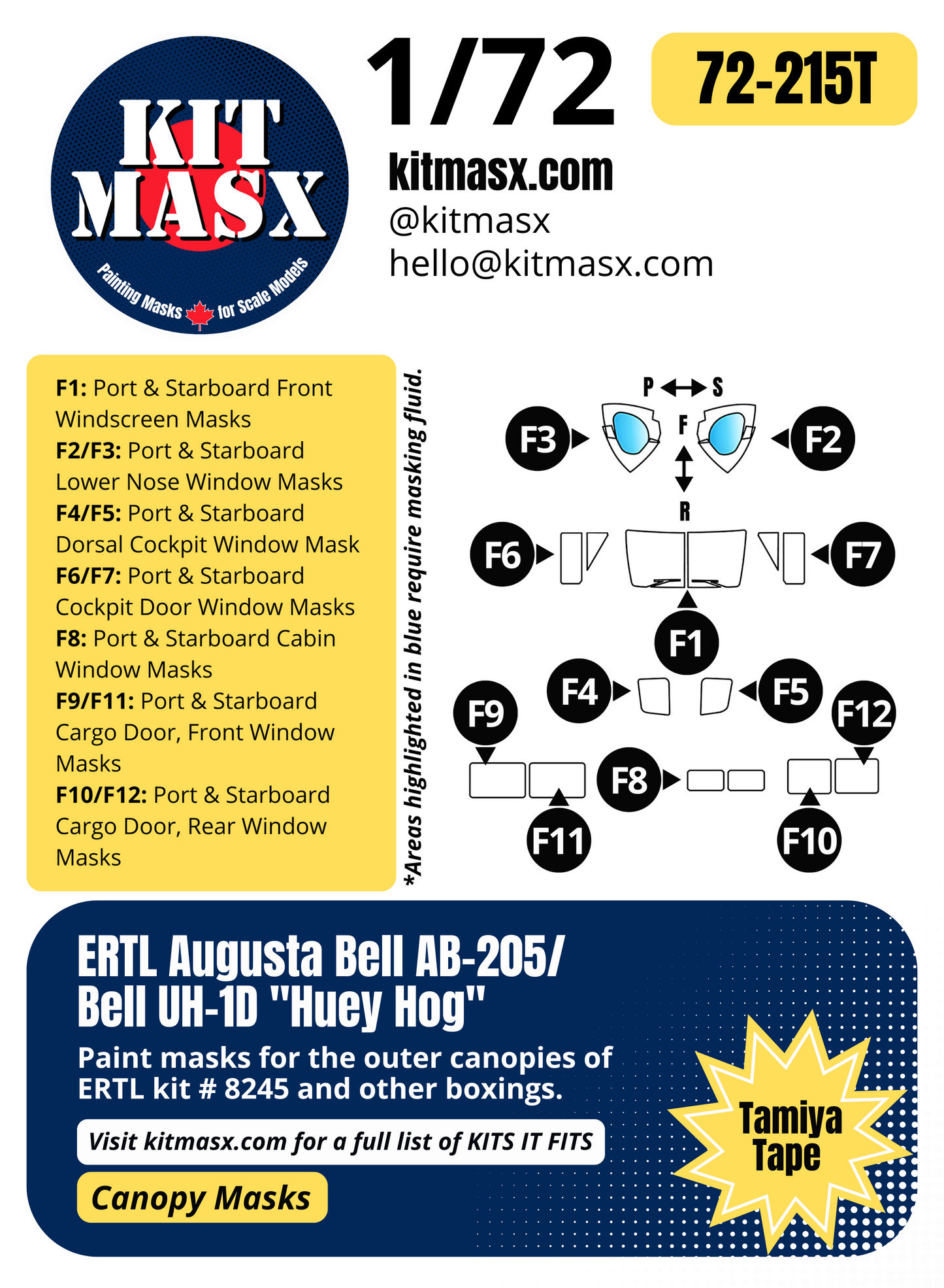 ERTL Augusta Bell AB-205/Bell UH-1D "Huey Hog" 1/72 Canopy Paint Masks, Kit # 8245