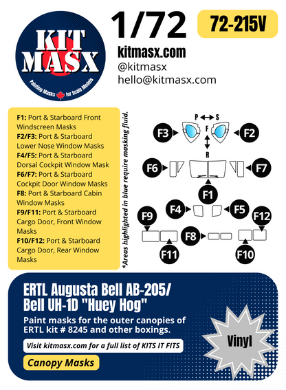 ERTL Augusta Bell AB-205/Bell UH-1D "Huey Hog" 1/72 Canopy Paint Masks, Kit # 8245