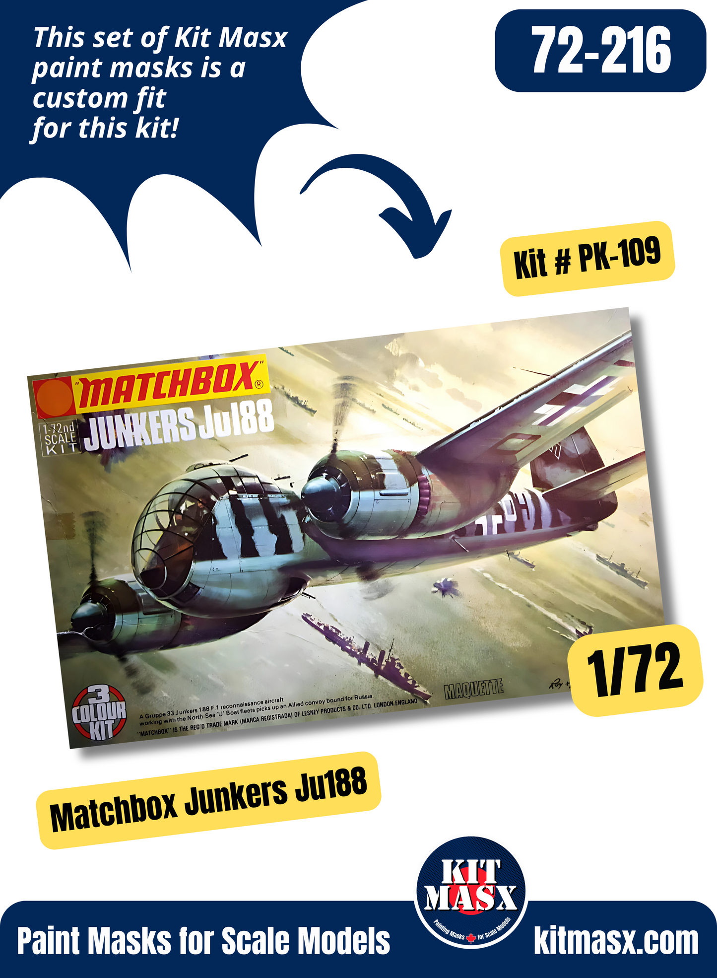 Matchbox Junkers Ju188/Ju188F-1 1/72 Canopy & Wheel Paint Masks, Kit # PK-109