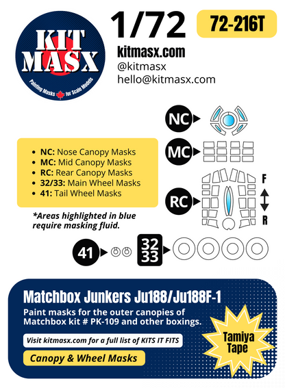 Matchbox Junkers Ju188/Ju188F-1 1/72 Canopy & Wheel Paint Masks, Kit # PK-109