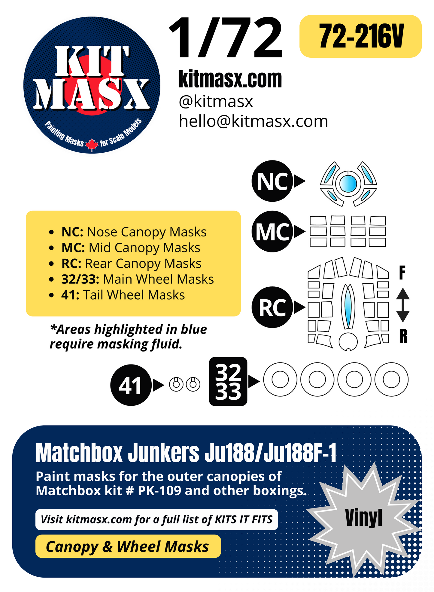 Matchbox Junkers Ju188/Ju188F-1 1/72 Canopy & Wheel Paint Masks, Kit # PK-109
