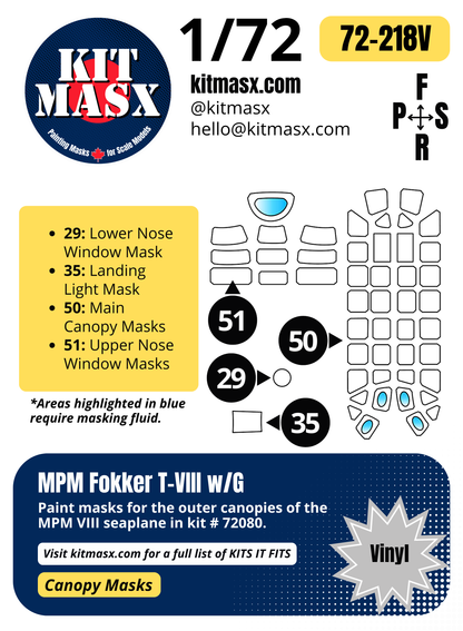 MPM Fokker T-VIII w/G 1/72 Canopy Paint Masks, Kit # 72080