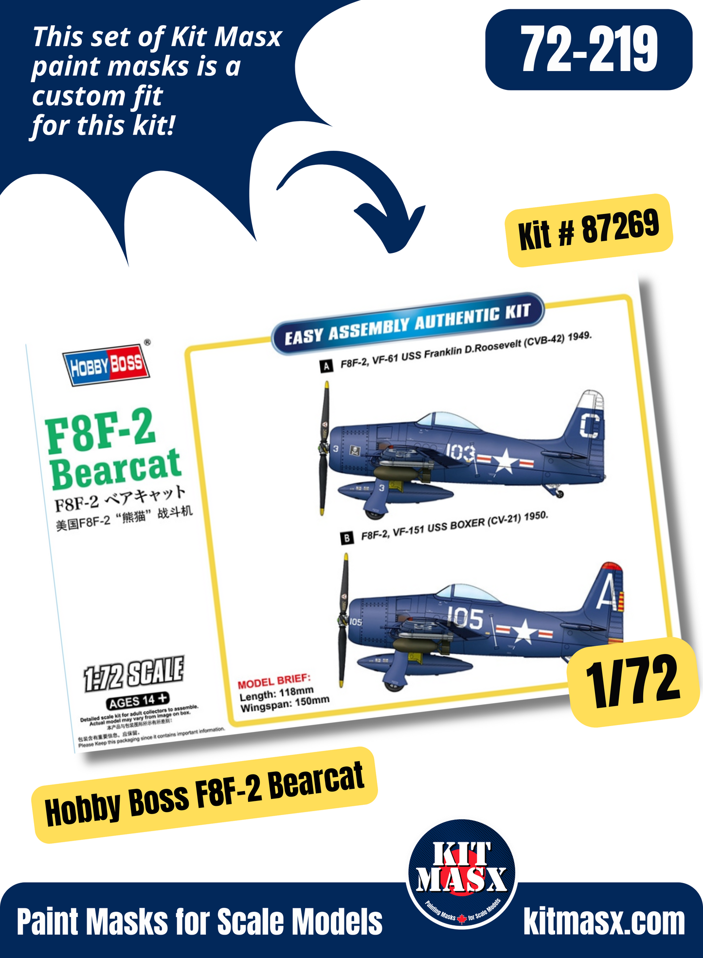 HobbyBoss Grumman F8F-1, F8F-1B, F8F-2 Bearcat 1/72 Canopy & Wheel Paint Masks, Kit # 87269