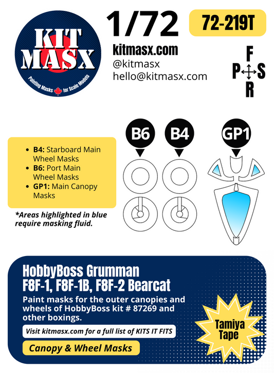 HobbyBoss Grumman F8F-1, F8F-1B, F8F-2 Bearcat 1/72 Canopy & Wheel Paint Masks, Kit # 87269