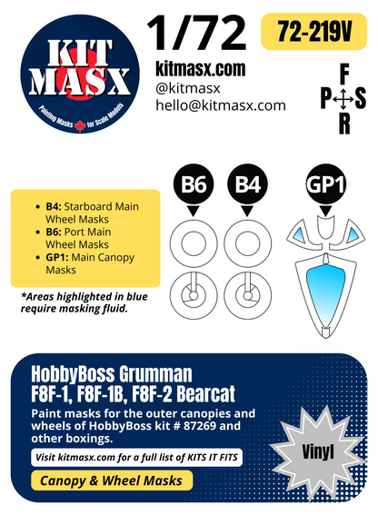 HobbyBoss Grumman F8F-1, F8F-1B, F8F-2 Bearcat 1/72 Canopy & Wheel Paint Masks, Kit # 87269