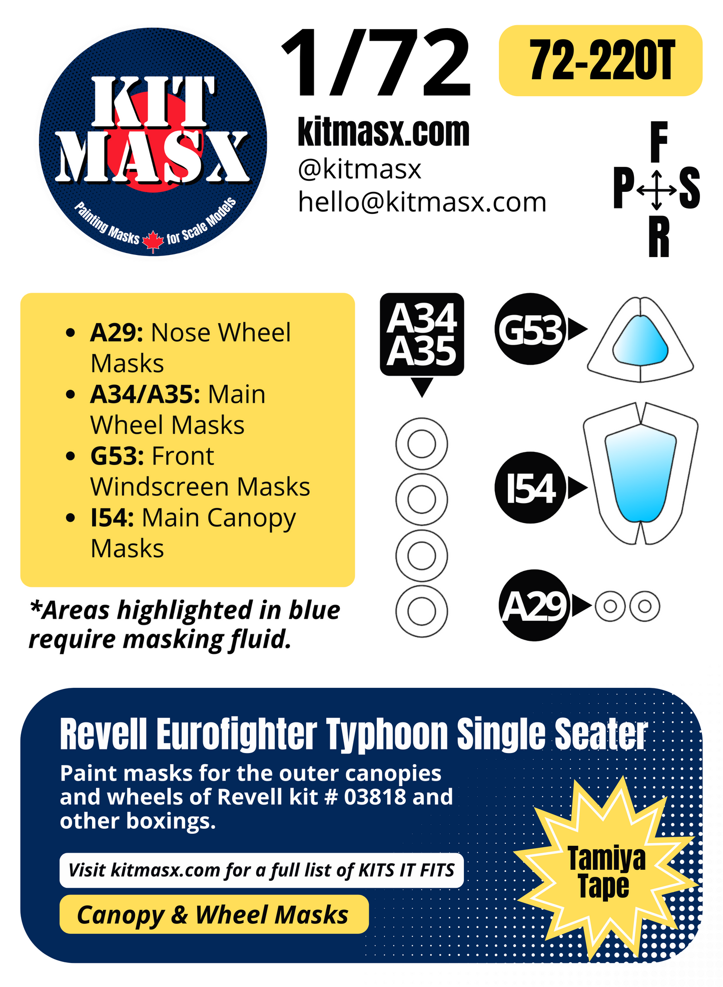 Revell Eurofighter Typhoon Single Seater 1/72 Canopy & Wheel Paint Masks, Kit # 03818