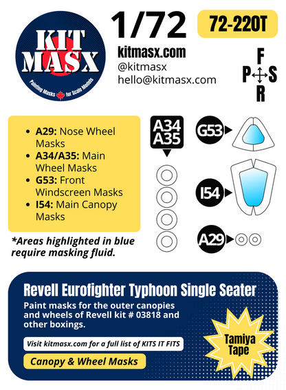 Revell Eurofighter Typhoon Single Seater 1/72 Canopy & Wheel Paint Masks, Kit # 03818
