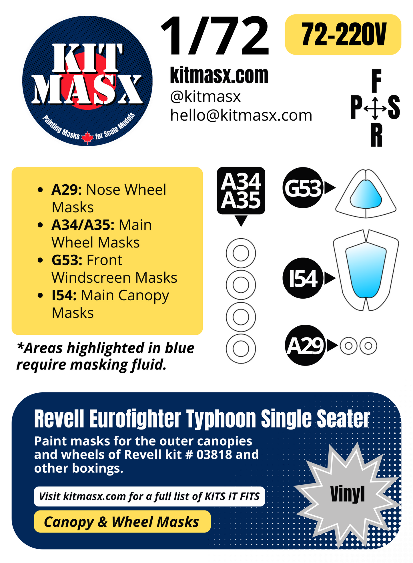 Revell Eurofighter Typhoon Single Seater 1/72 Canopy & Wheel Paint Masks, Kit # 03818