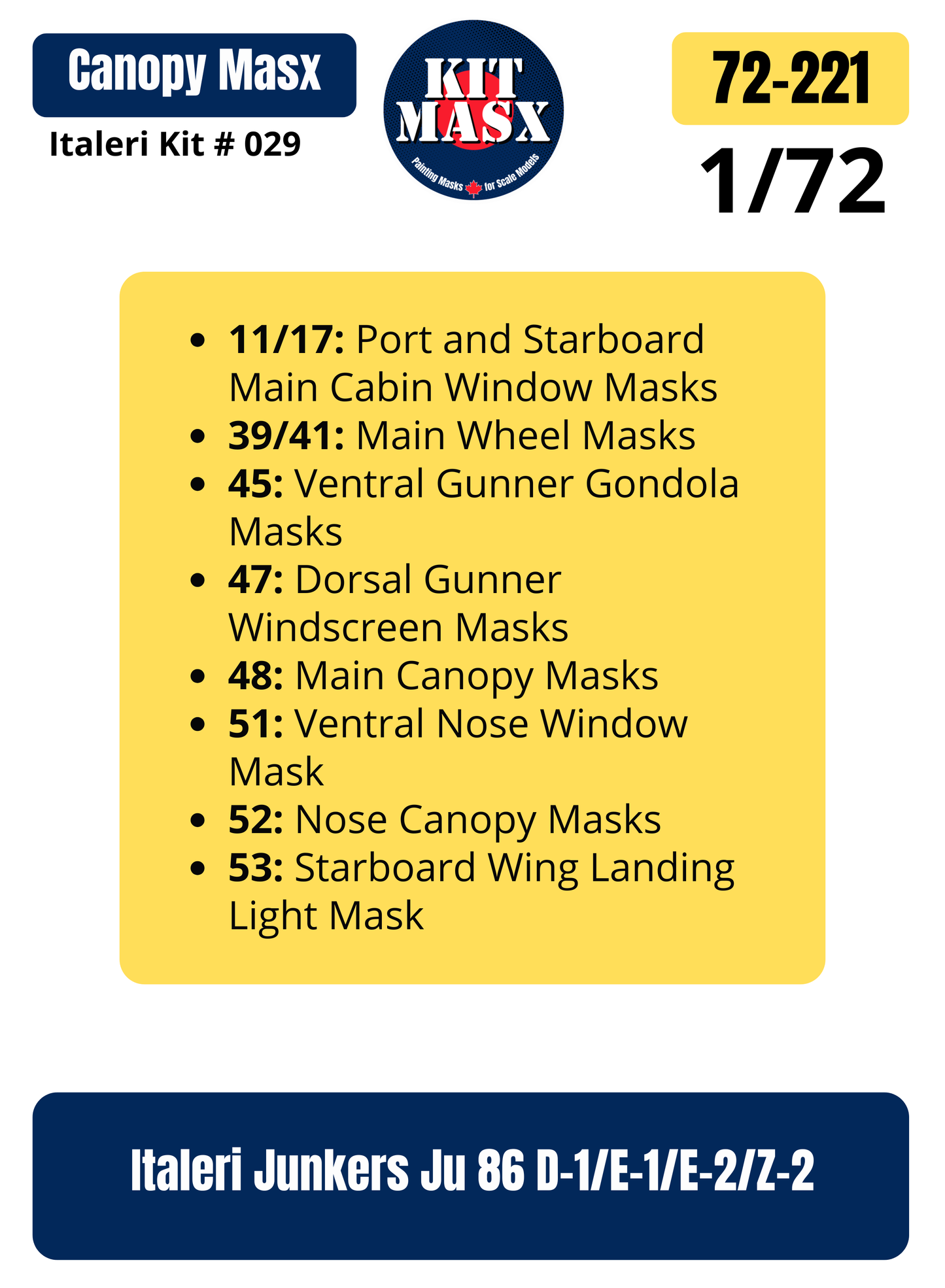 Italeri Junkers Ju 86 D-1/E-1/E-2/Z-2 1/72 Canopy & Wheel Paint Masks, Kit # 029 (72221)