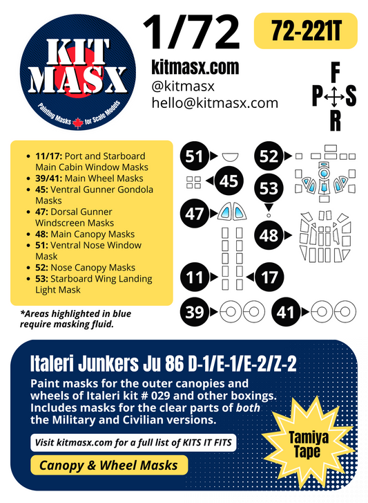 Italeri Junkers Ju 86 D-1/E-1/E-2/Z-2 1/72 Canopy & Wheel Paint Masks, Kit # 029
