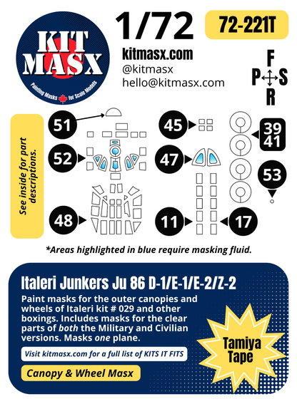 Italeri Junkers Ju 86 D-1/E-1/E-2/Z-2 1/72 Canopy & Wheel Paint Masks, Kit # 029 (72221)