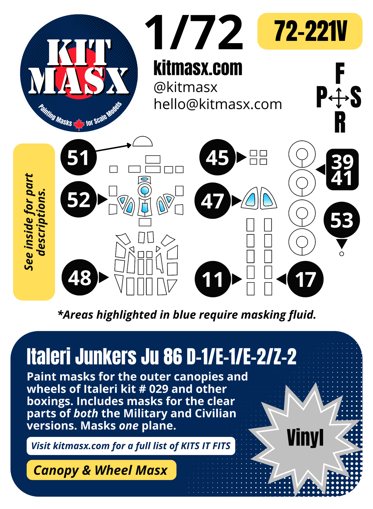 Italeri Junkers Ju 86 D-1/E-1/E-2/Z-2 1/72 Canopy & Wheel Paint Masks, Kit # 029 (72221)