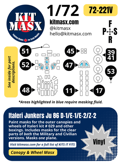 Italeri Junkers Ju 86 D-1/E-1/E-2/Z-2 1/72 Canopy & Wheel Paint Masks, Kit # 029 (72221)