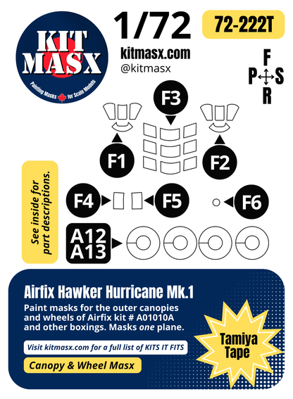 Airfix Hawker Hurricane Mk.1 1/72 Canopy & Wheel Paint Masks, Kit # A01010A (72222)