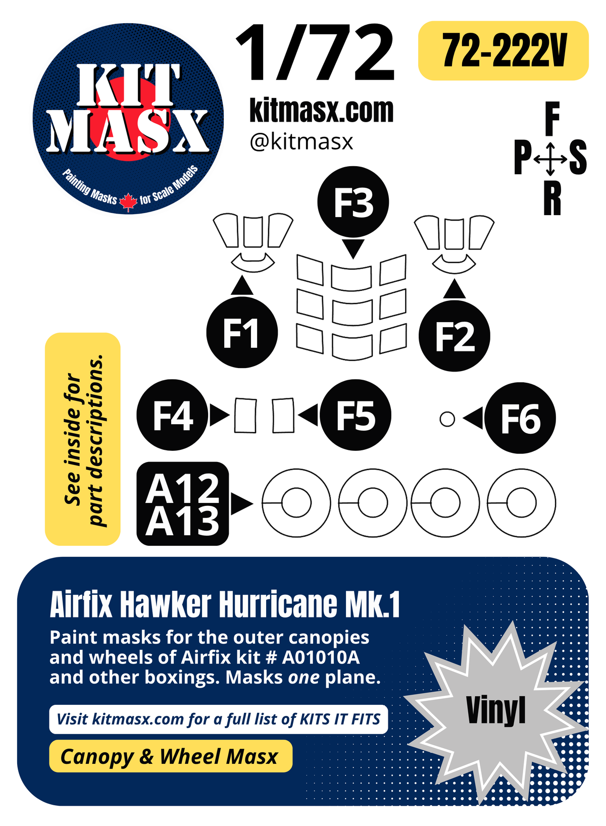 Airfix Hawker Hurricane Mk.1 1/72 Canopy & Wheel Paint Masks, Kit # A01010A (72222)