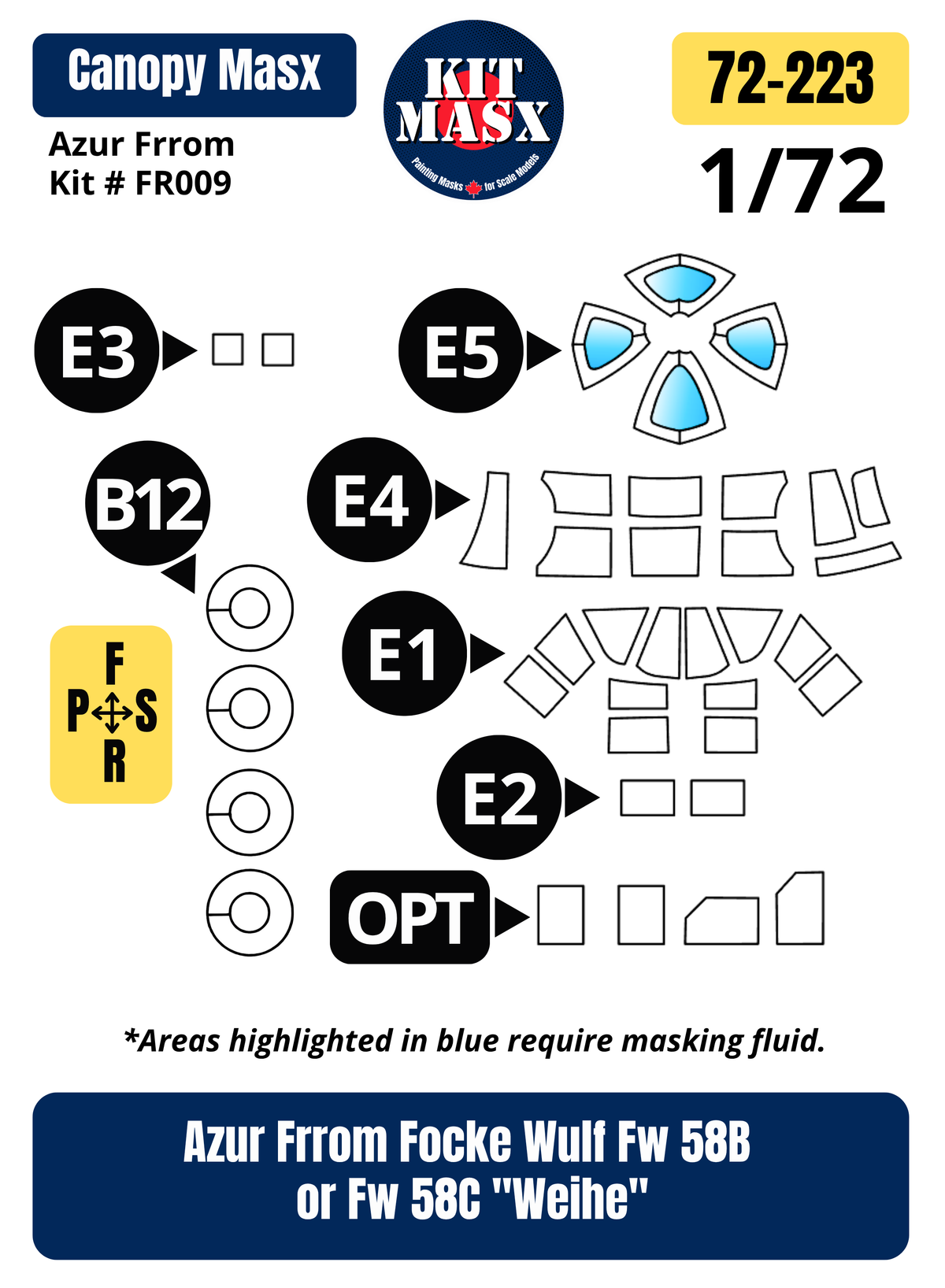 Azur Frrom Focke Wulf Fw 58B or Fw 58C "Weihe" 1/72 Canopy & Wheel Paint Masks, Kit # FR009 (72223)