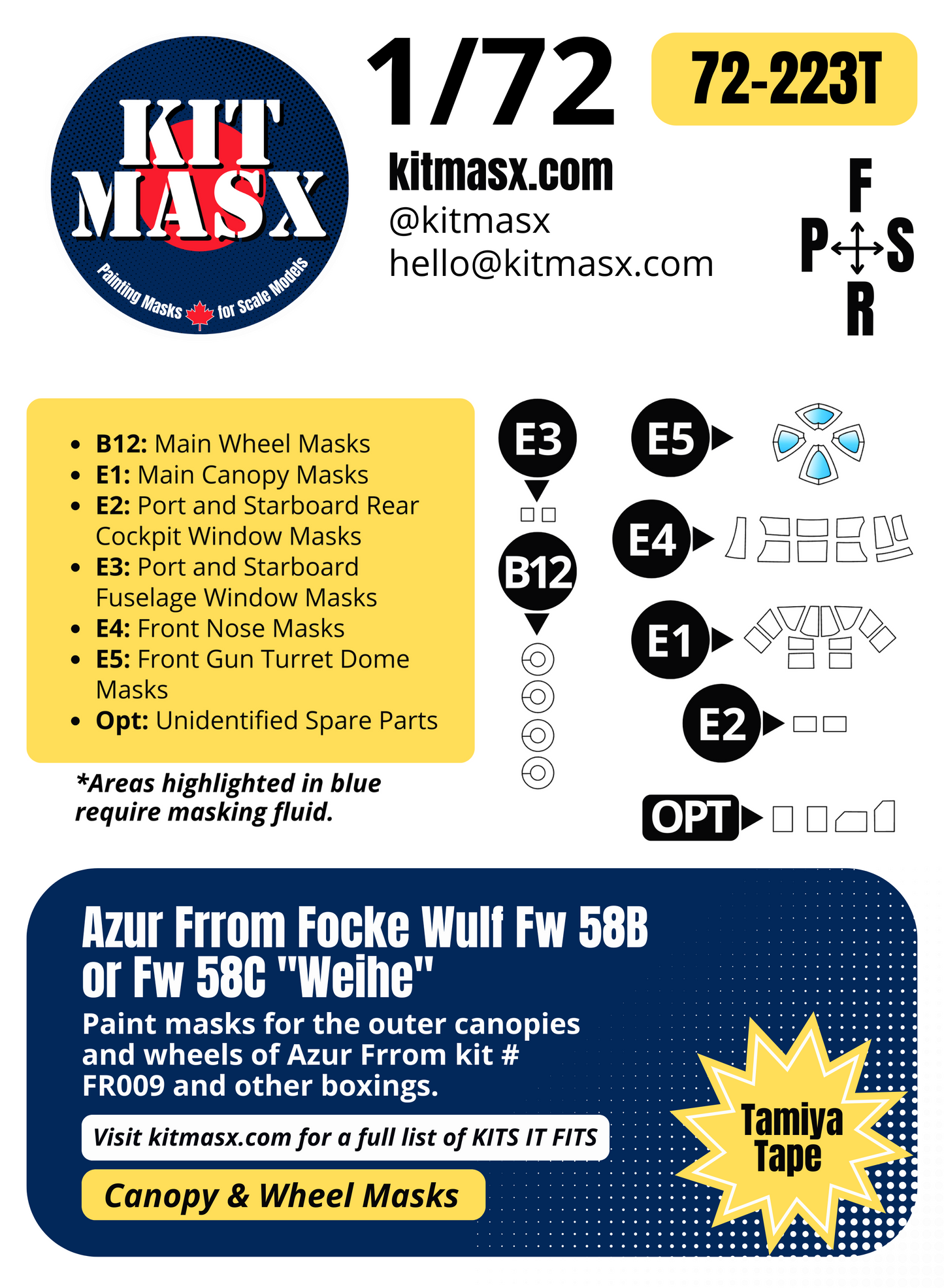 Azur Frrom Focke Wulf Fw 58B or Fw 58C "Weihe" 1/72 Canopy & Wheel Paint Masks, Kit # FR009