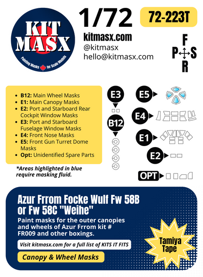 Azur Frrom Focke Wulf Fw 58B or Fw 58C "Weihe" 1/72 Canopy & Wheel Paint Masks, Kit # FR009