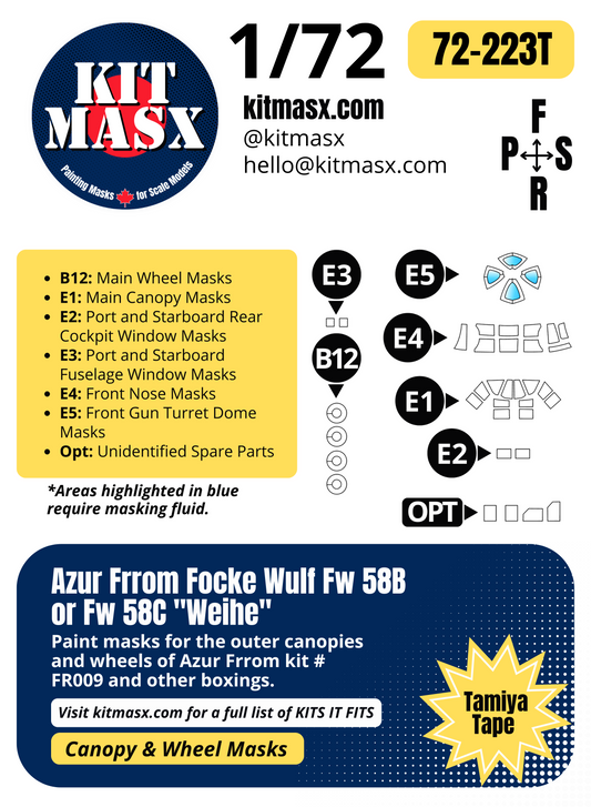 Azur Frrom Focke Wulf Fw 58B or Fw 58C "Weihe" 1/72 Canopy & Wheel Paint Masks, Kit # FR009