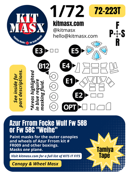 Azur Frrom Focke Wulf Fw 58B or Fw 58C "Weihe" 1/72 Canopy & Wheel Paint Masks, Kit # FR009 (72223)
