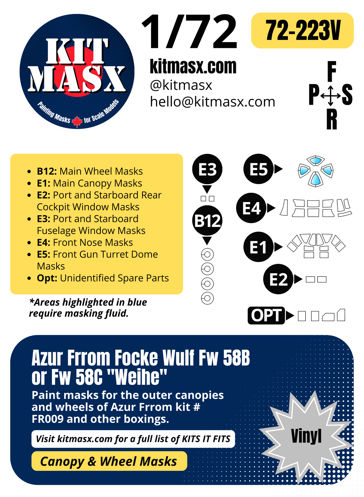 Azur Frrom Focke Wulf Fw 58B or Fw 58C "Weihe" 1/72 Canopy & Wheel Paint Masks, Kit # FR009